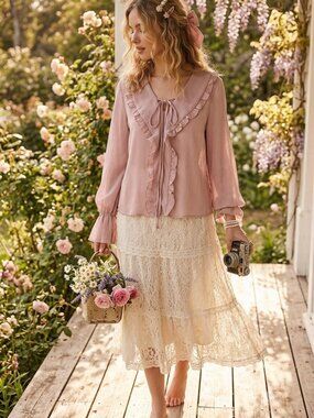 DAZY Pink Sheer Ruffle Bow Blouse Coquette Dainty Poet Top S